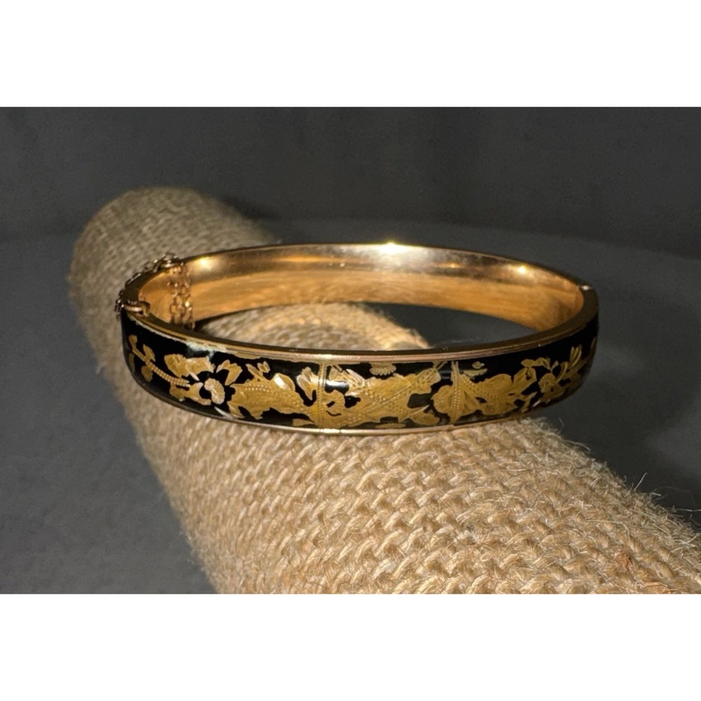 Vtg 10k Gold‎ Filled Black Enamel Hinged Bangle Dunn Bros Floral Bracelet 15g